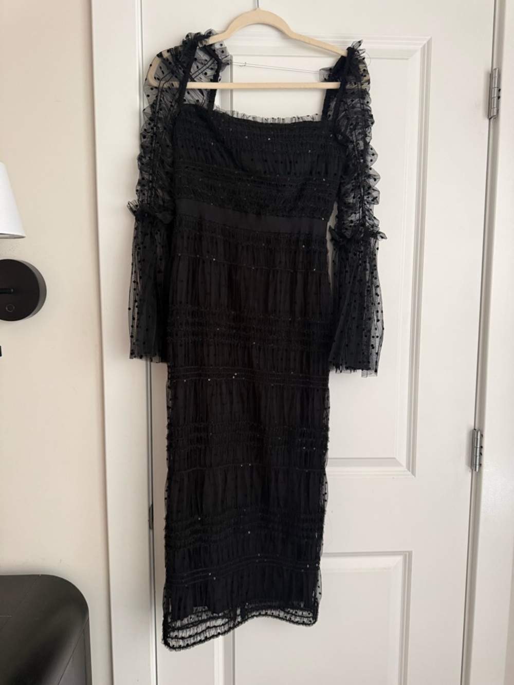 Self-Portrait Black Midi Dress with Sheer Polka-Dot Puff Sleeves